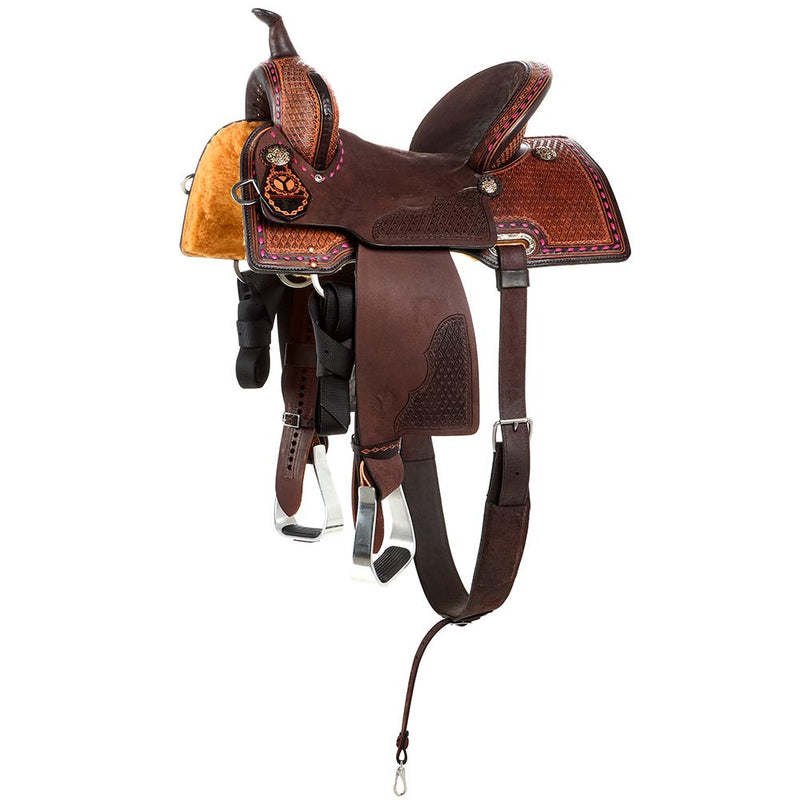 Montana 14 Inch Vintage Chocolate Barrel Saddle with Hot Pink Buckstitch