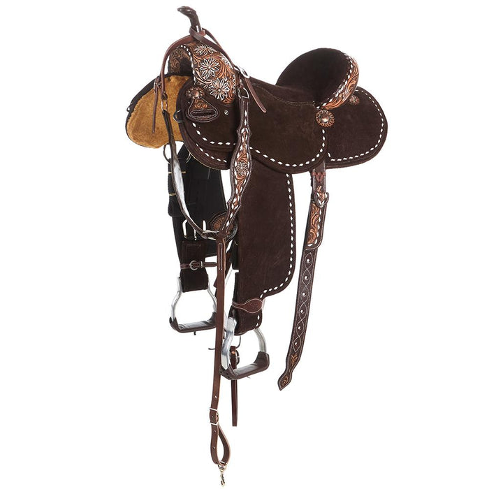 14 Inch White Floral Buckstitch Brazilian Lightweight Barrel Saddle