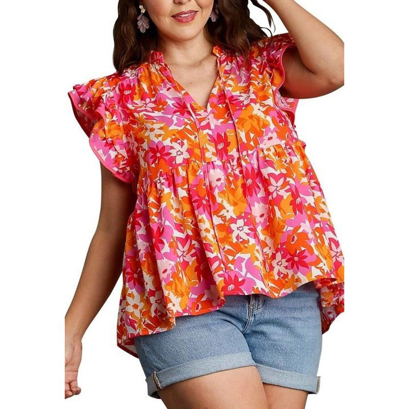 Women's Red Floral Babydoll Top