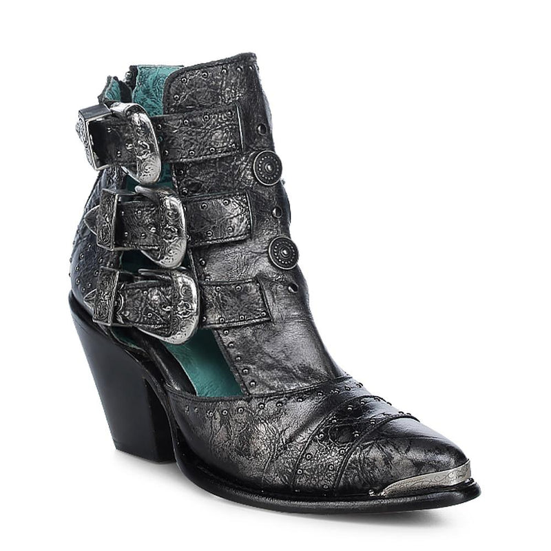 Women`s Silver and Black Buckle Bootie