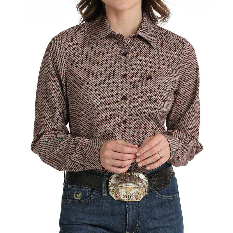 Women's Maroon Print Button Down Shirt