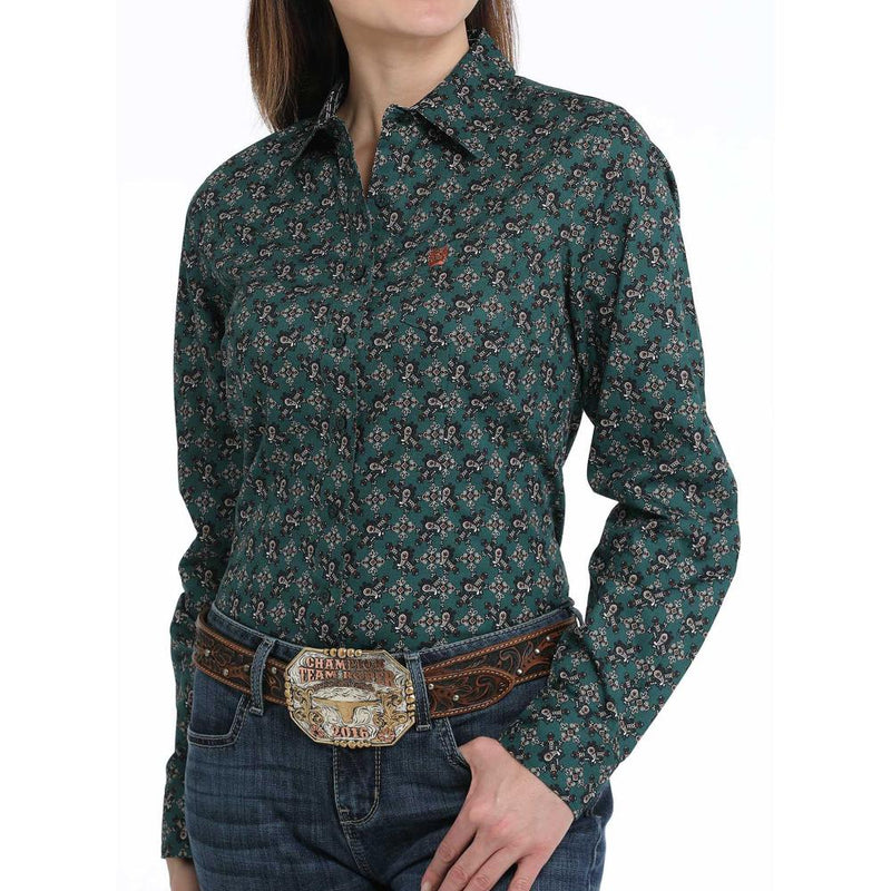 Women's Green Print Button Down Shirt