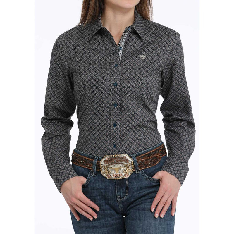 Women's Blue Multi Print Button Down Shirt