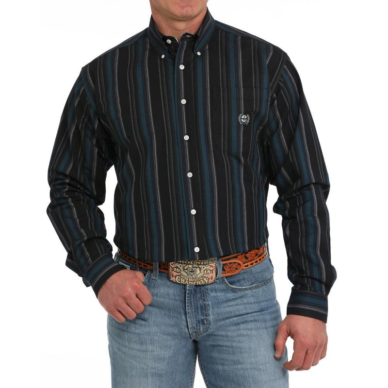 Men's Vintage Black Oxford Stripe Button Down Shirt