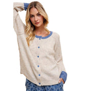 Women's Oatmeal and Blue Loose Fit Sweater Cardigan
