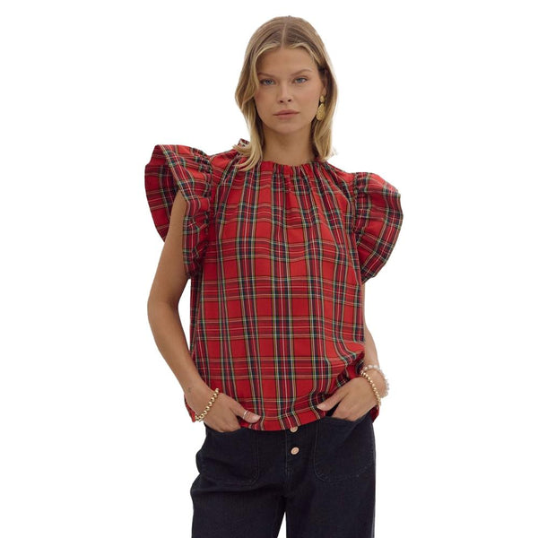 Entro Women's Red Plaid Ruffle Sleeve Top