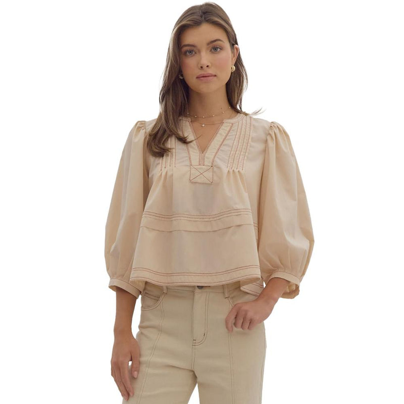 Women's Ecru 3/4 Pleated Sleeve Top