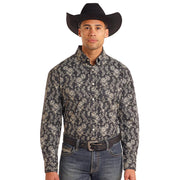 Men's Black Floral Print Button Down Shirt