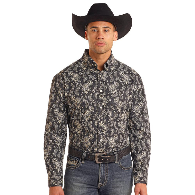 Men's Black Floral Print Button Down Shirt