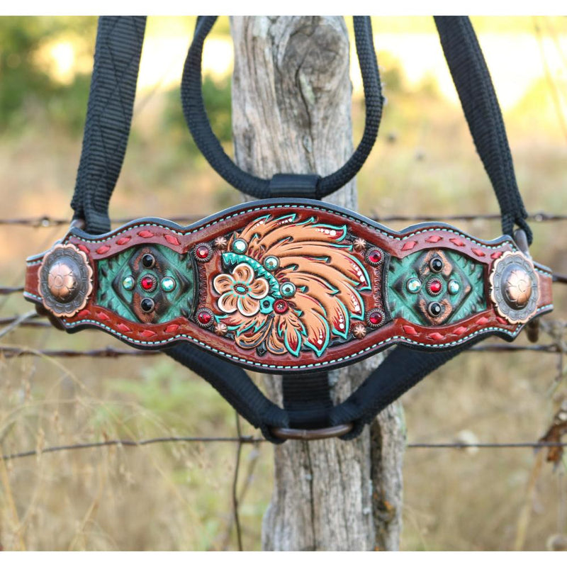 Turquoise Red Indian Headdress Bronc Halter