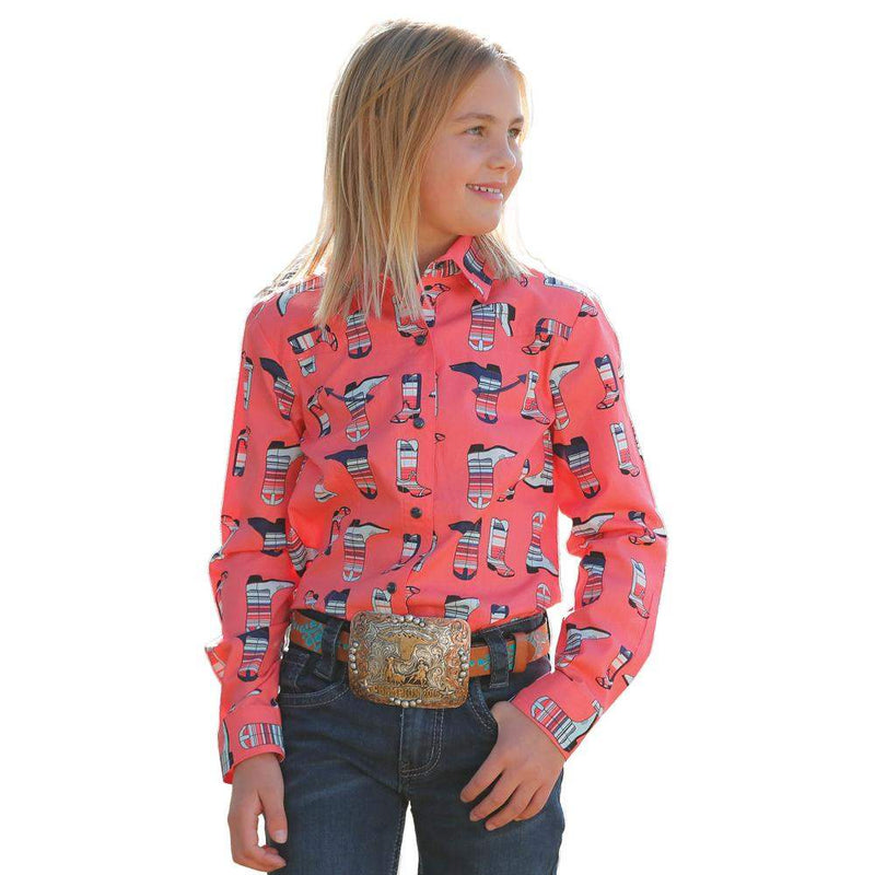 Girl's Coral Boot Print Snap Shirt
