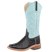 Women`s AB Black Full Quill Ostrich Ride Ready 13 In Cool Aqua Top Cowgirl Boot