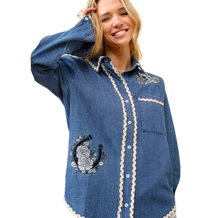 Women's Indigo Ric Rac Embroidered Top