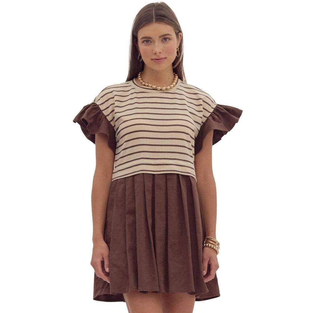 Entro Women's Brown Stripe Ruffle Sleeve Dress