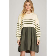 Women's Olive Striped Sweater Comb Dress
