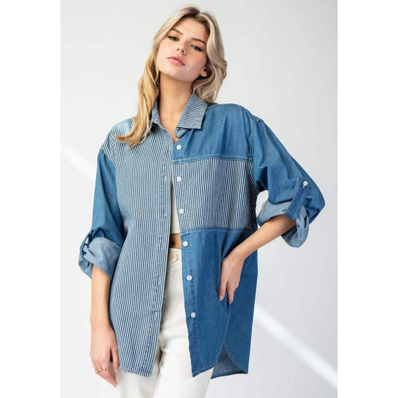 Women's Denim Pinstripe Colorblock Top