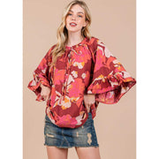 Women's Burgundy Print Mock Neck Blouse