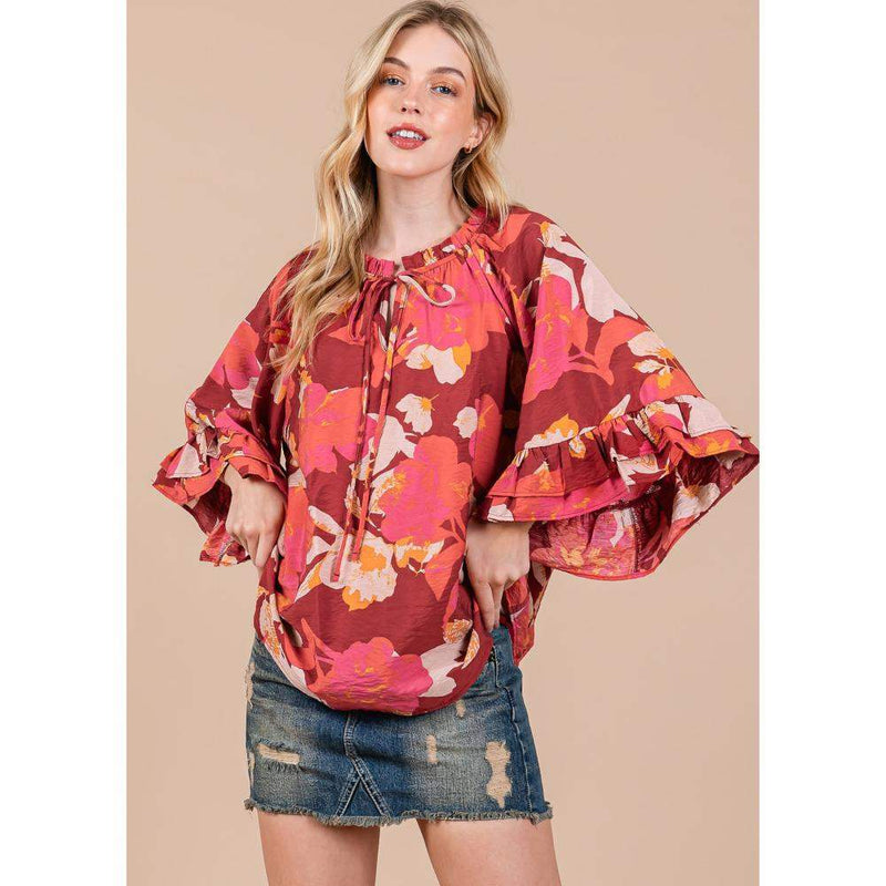 Women's Burgundy Print Mock Neck Blouse