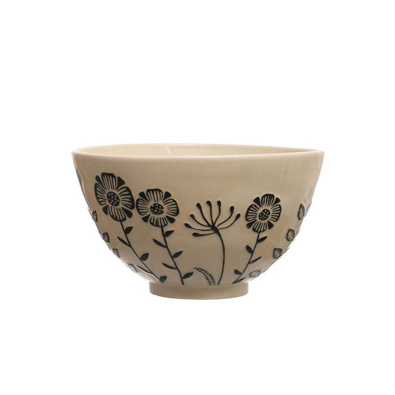 Creative Co-Op Cream and Black Stoneware Floral Serving Bowl