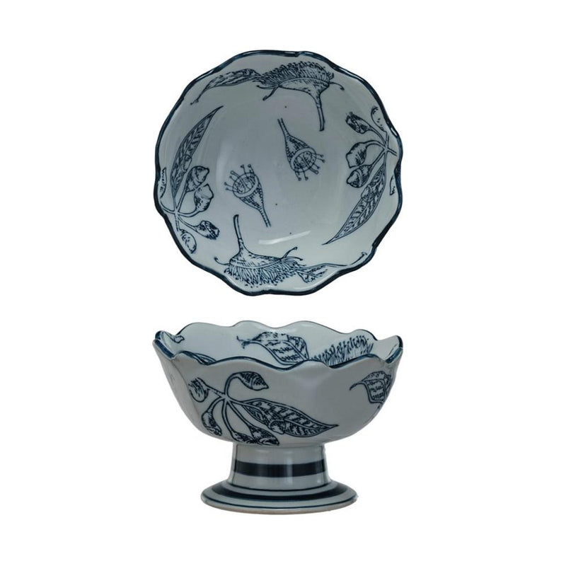 Floral Stamped Stoneware Footed Bowl