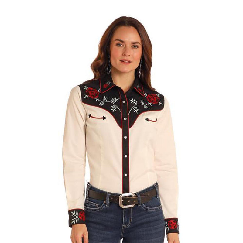 Womens Retro Embroidered Snap Shirt