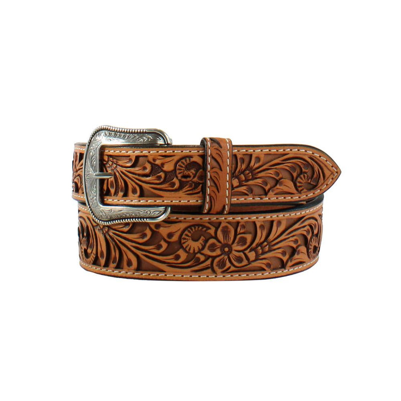 Men's Hand Tooled Filagree Floral Leather Belt