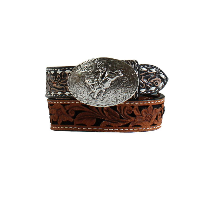 Youth Boy's Roughout Leather Floral Brown Belt