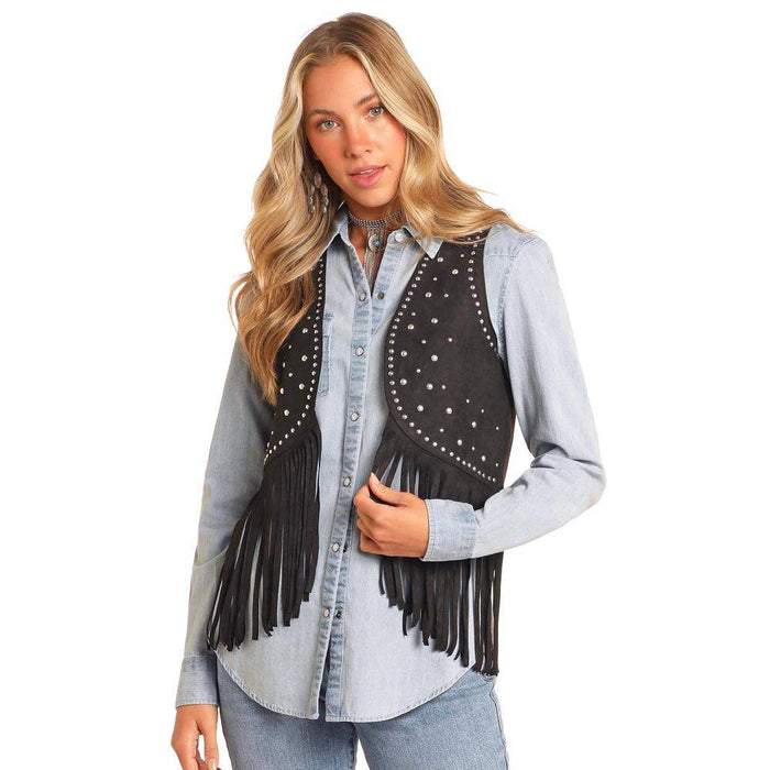 n Women's Black Studded Fringe Vest