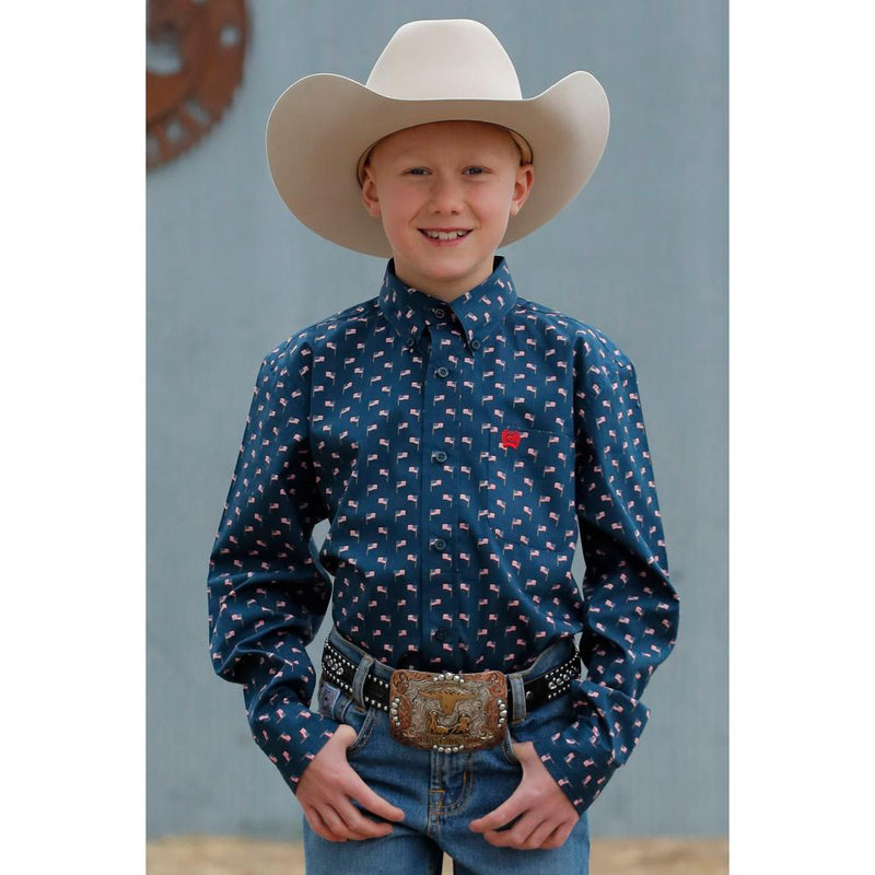 Boys Navy Print Long Sleeve Button Shirt