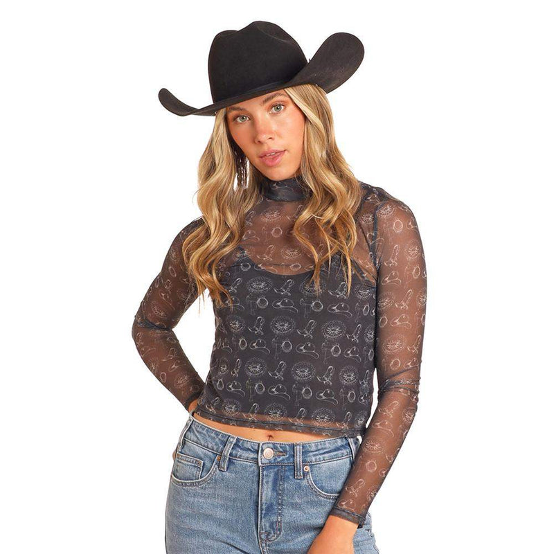 n Women's Conversational Black Mesh Top