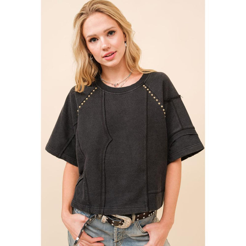 Womens Charcoal Washed Short Sleeve Sweatshirt