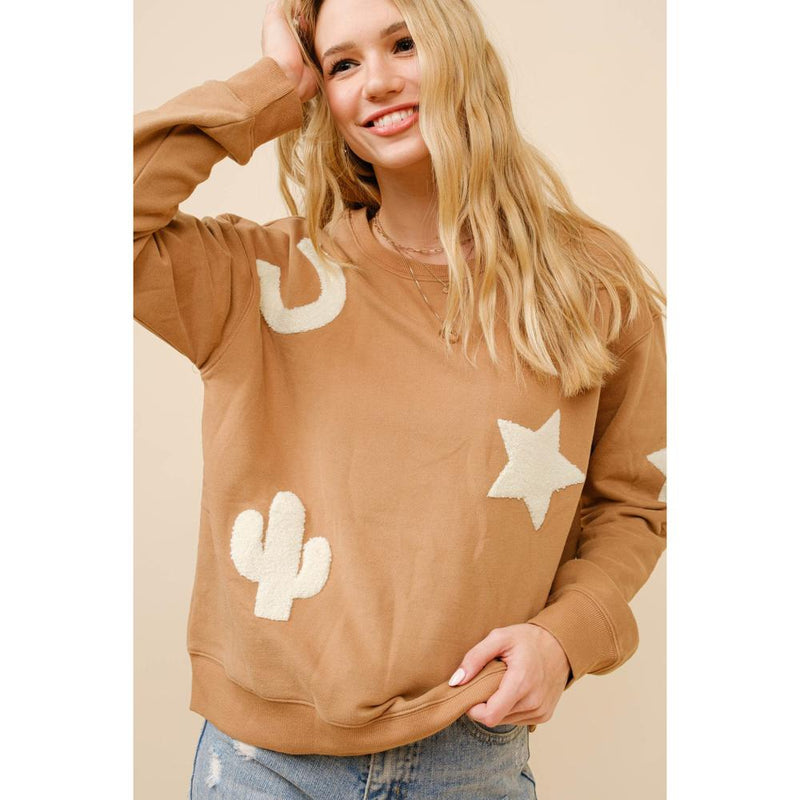 Womens Tan Western Textured Sweatshirt