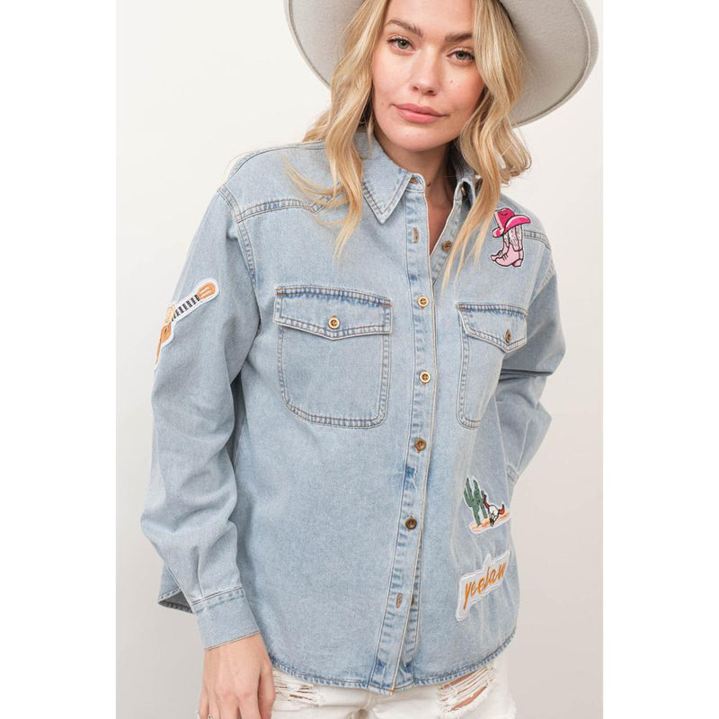 Womens Light Wash Chambray Patch Shirt