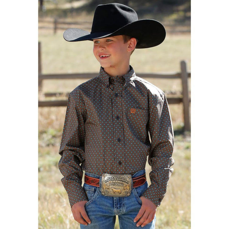Boys Brown Print Long Sleeve Button Shirt
