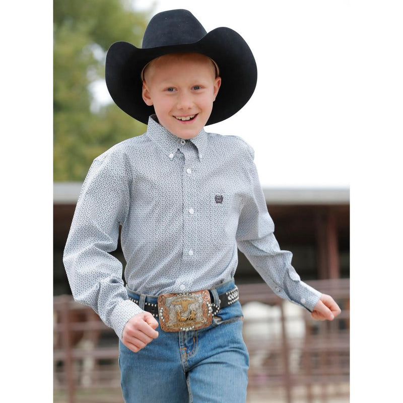 Boys White Print Button Down