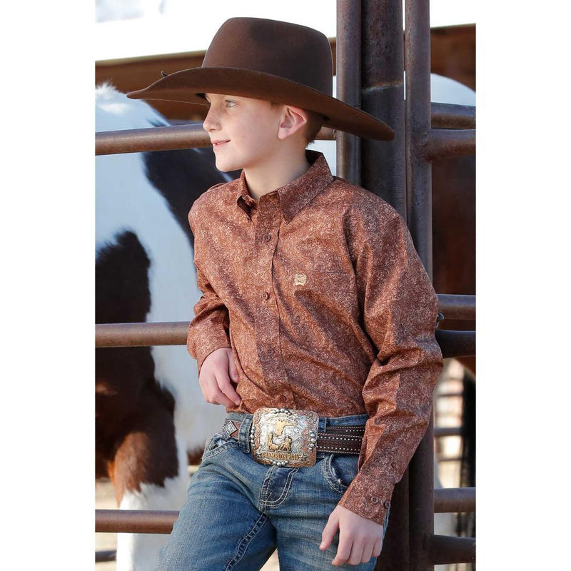 Boys Brown Print Button Shirt