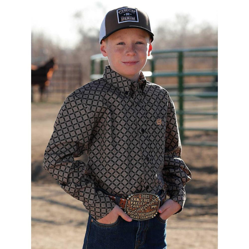 Boys Black Print Button Shirt