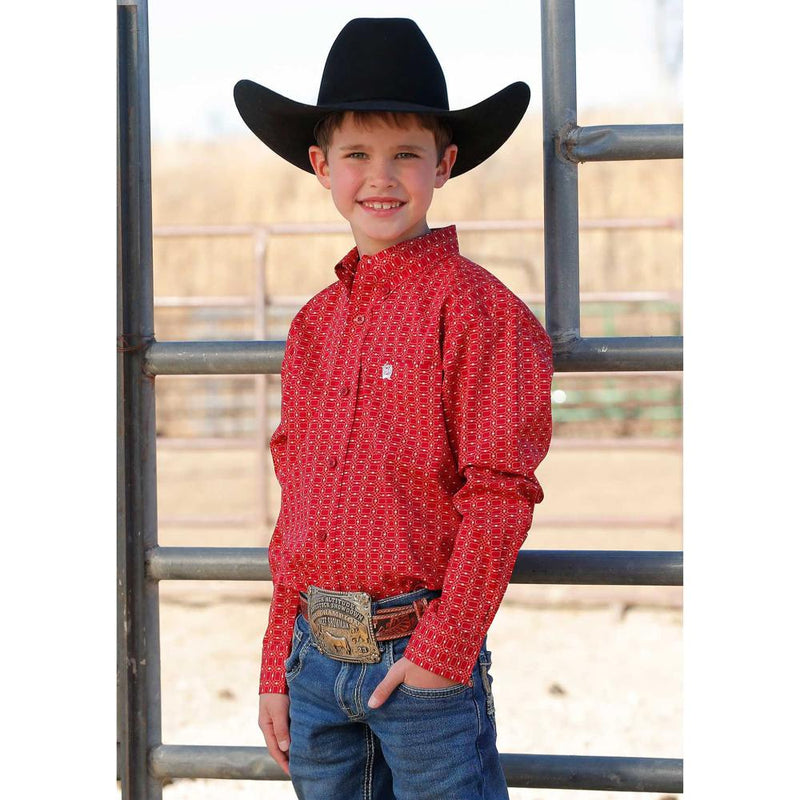 Boys Red Print Button Shirt
