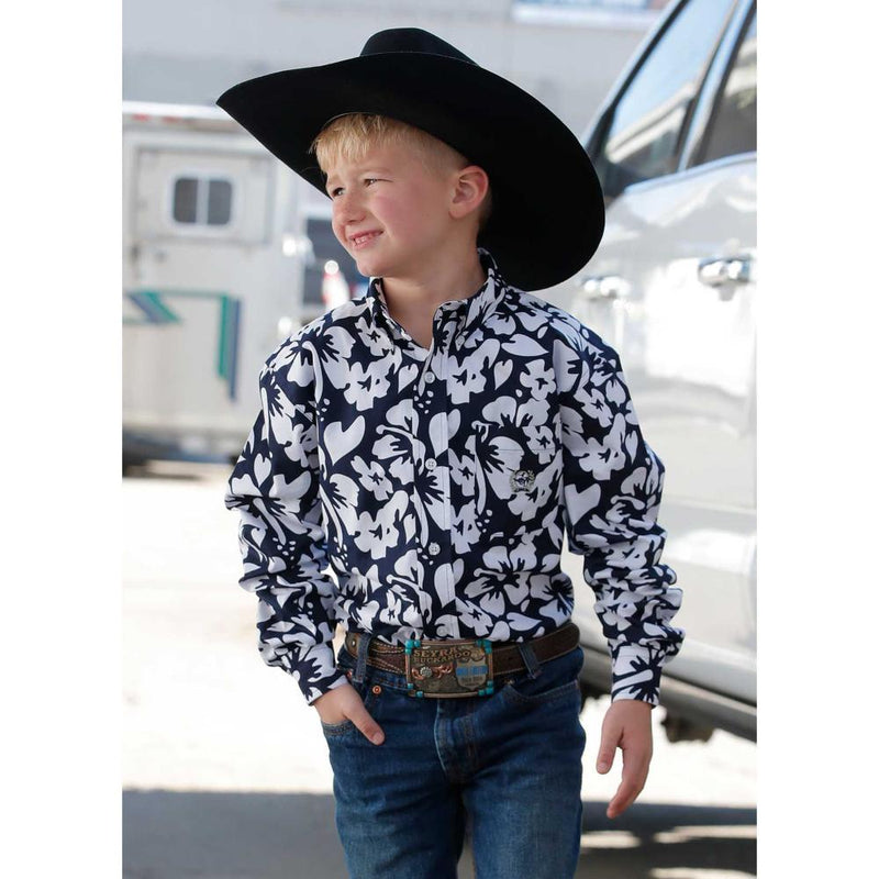 Boys Navy Floral Print Button Shirt