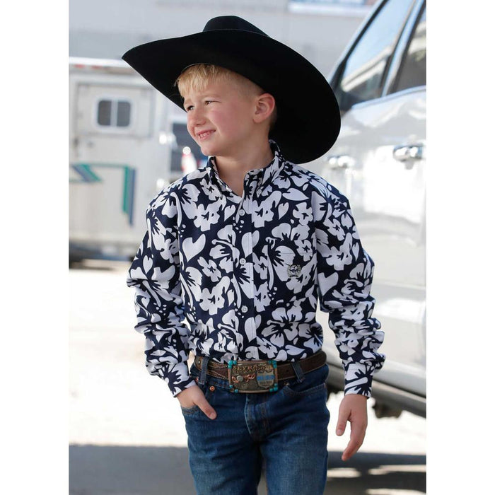 Boys Navy Floral Print Button Shirt