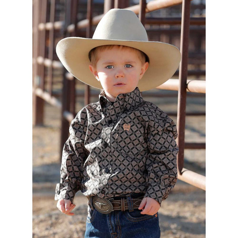 Boys Black Print Button Shirt