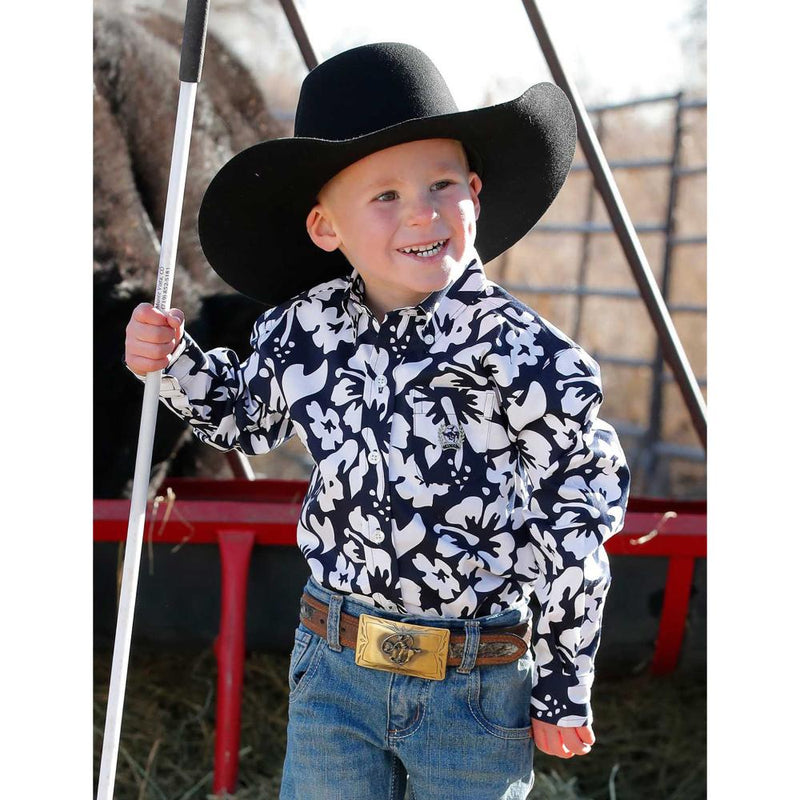 Boys Navy Floral Print Button Shirt