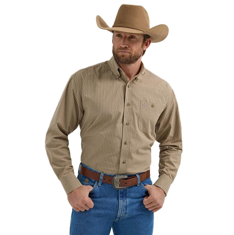 George Strait Tan Burgundy Plaid Print Shirt