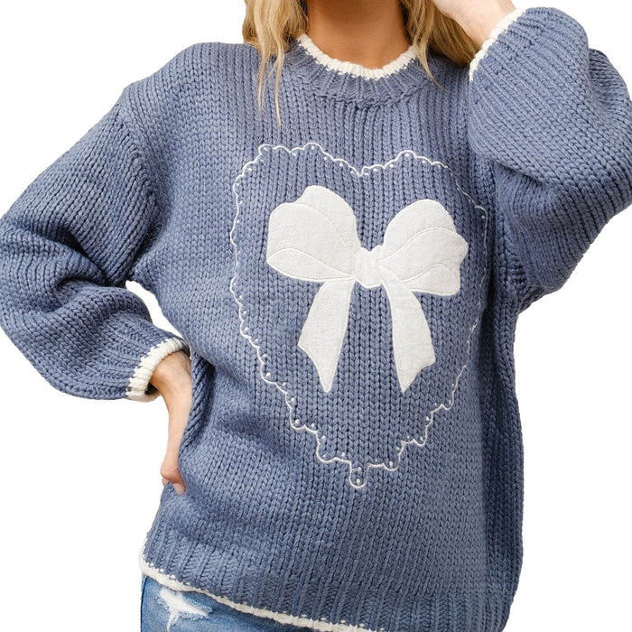Blue B Women's Navy Bow Embroidered Sweater