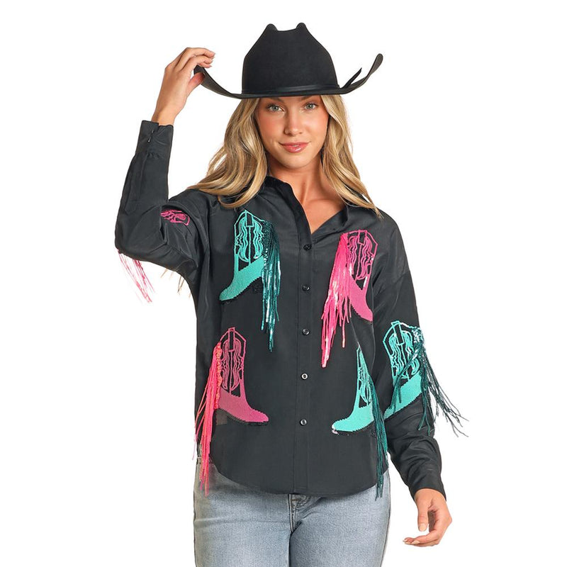 and Sequin Boot Button-Up Shirt