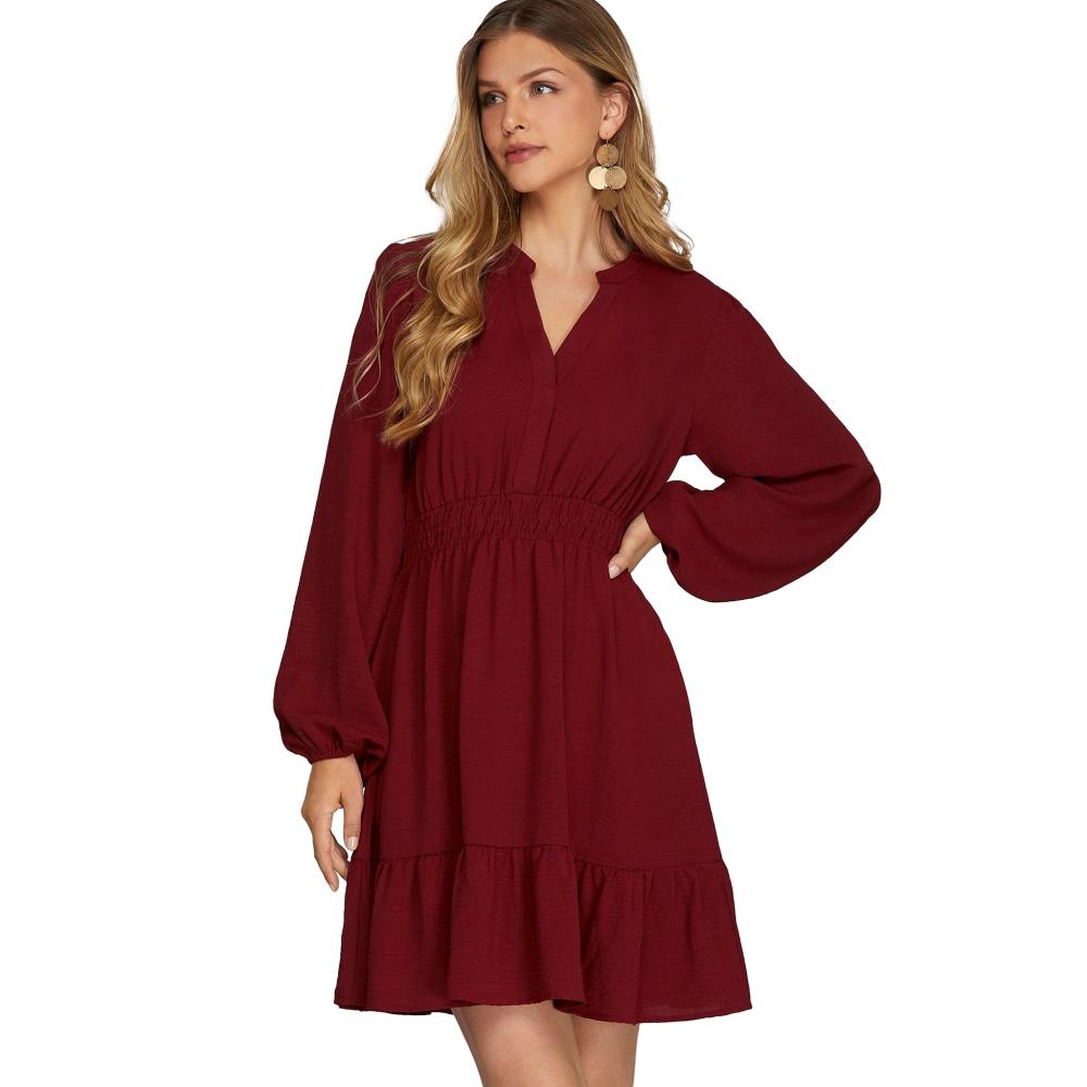 She & Sky Women's Burgundy Elastic Waist Dress She & Sky Women's Burgundy Elastic Waist Dress