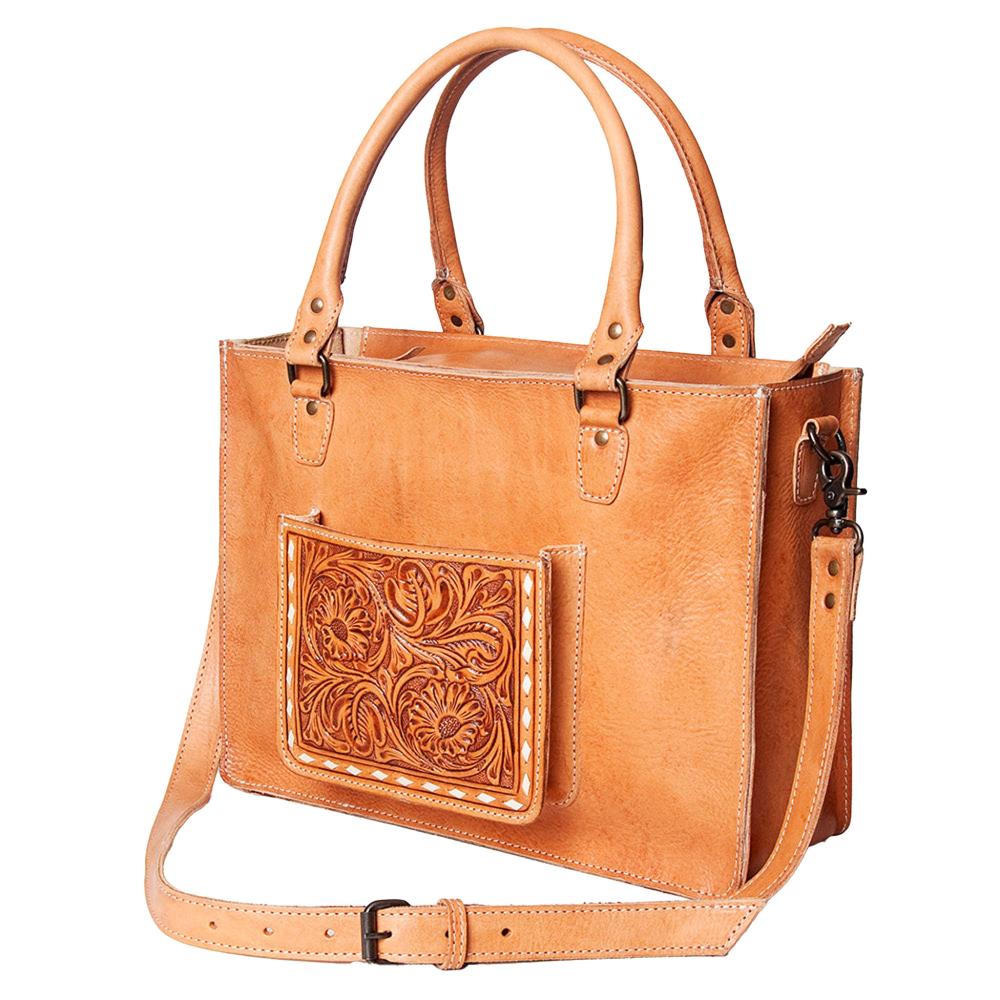 American Darling Leather Tote w/Tooled Front Pocket