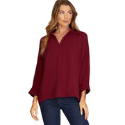 Women's Wine Collard Woven Top
