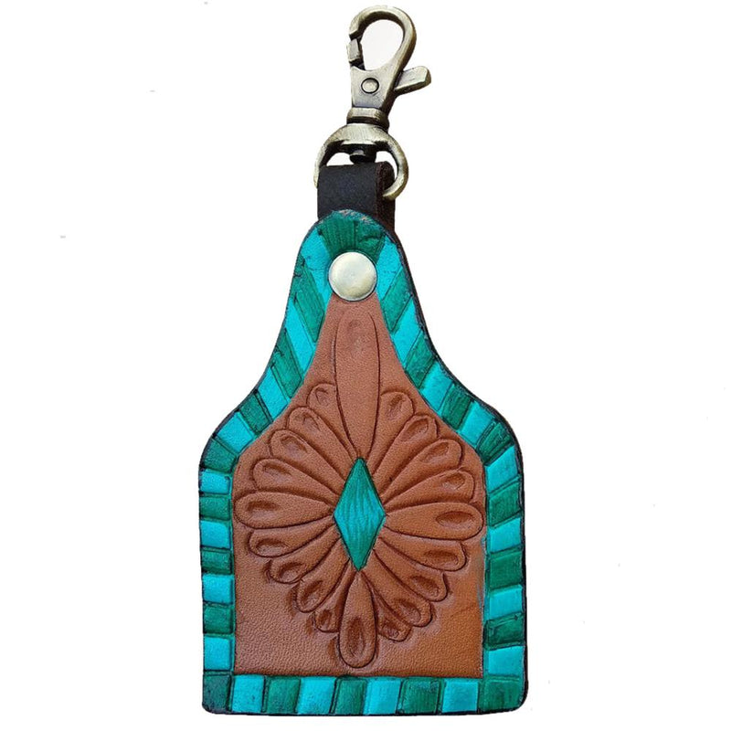 Tooled Leather Ear Tag Key Fob