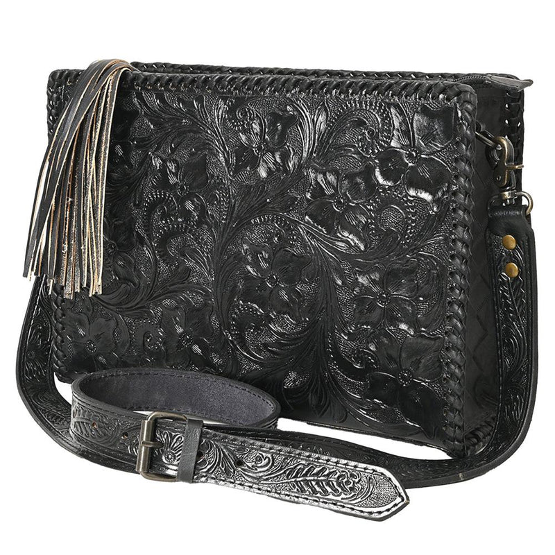 Black Tooled Leather Crossbody